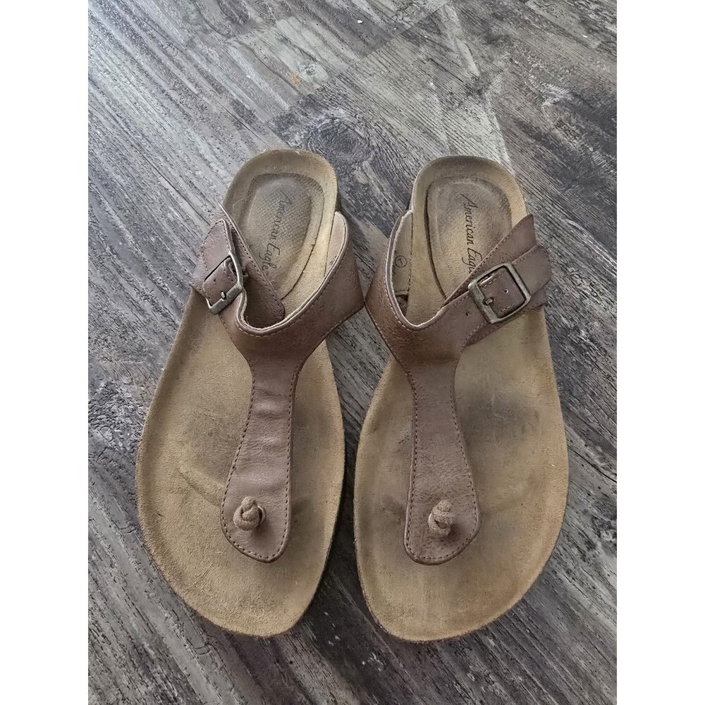 American Eagle Brown Leather Thong Sandals Adjustable Buckle Women's Size 7